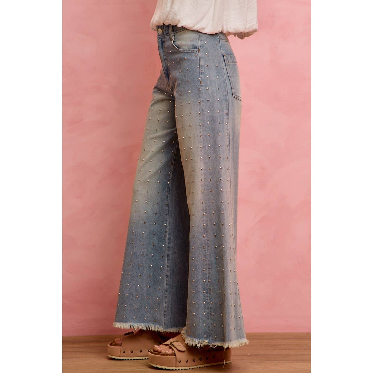 MID RISE WIDE LEG EMBELLISHED JEANS DENIM PANTS: DENIM / S
