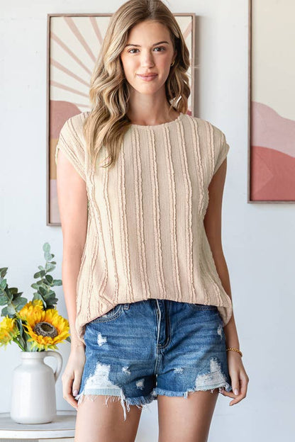 Lightweight Stripe Textured Cap Sleeves Blouse T5948: Pink