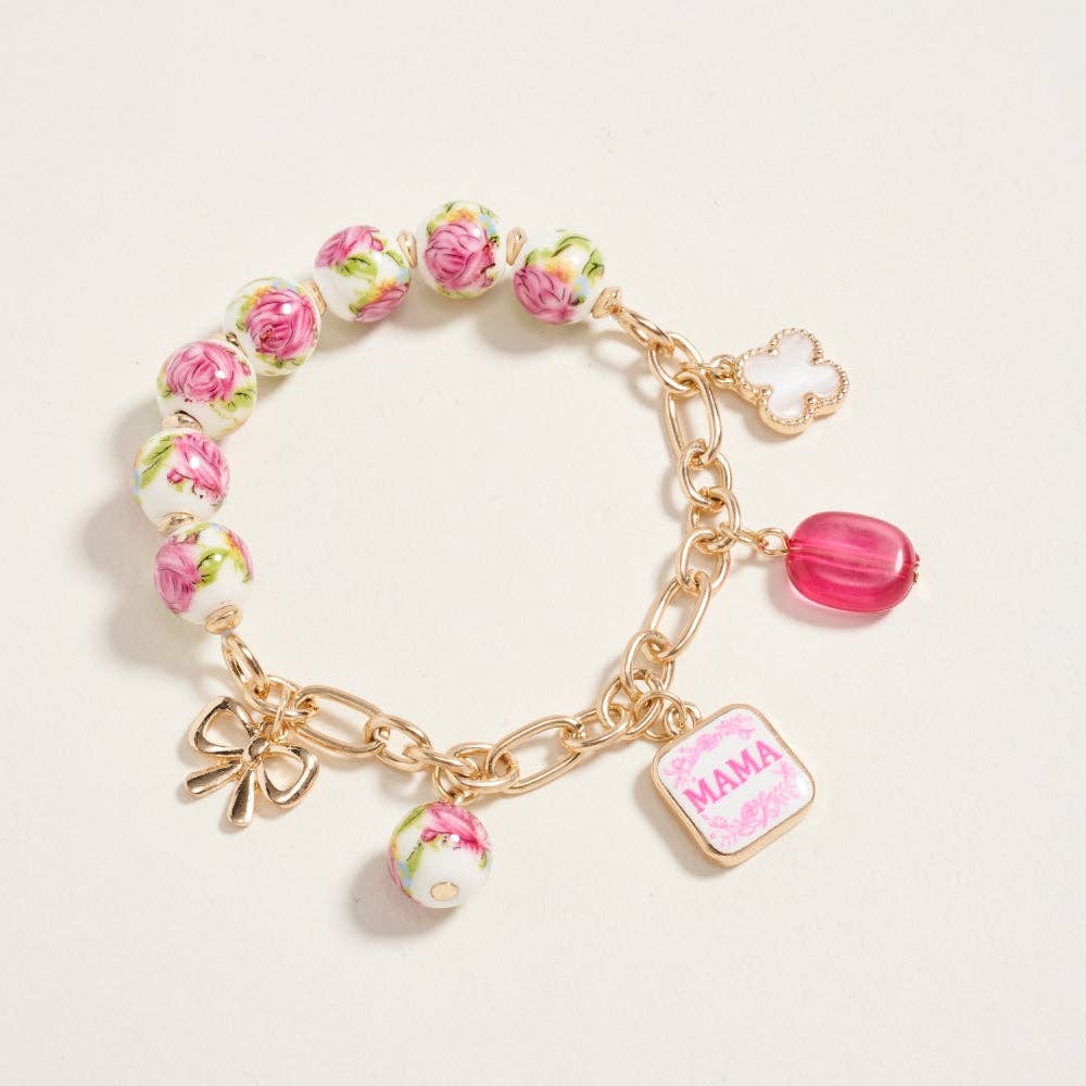 7.25 Inch Ceramic Floral Bead Mama Charm Bracelet: Blue / ONE