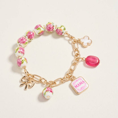 7.25 Inch Ceramic Floral Bead Mama Charm Bracelet: Blue / ONE