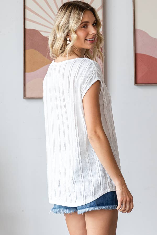 Lightweight Stripe Textured Cap Sleeves Blouse T5948: Pink