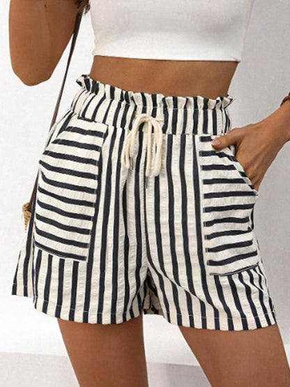 High-Waisted Drawstring Striped Shorts: WHITE