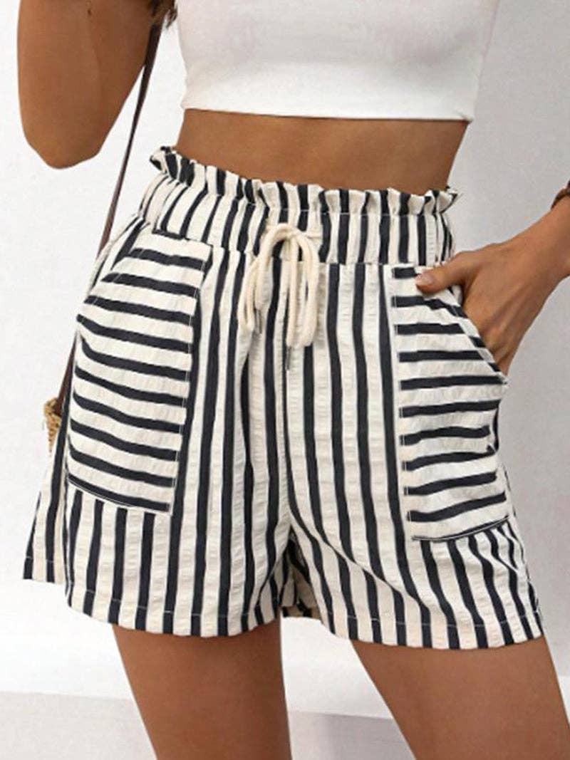 High-Waisted Drawstring Striped Shorts: WHITE