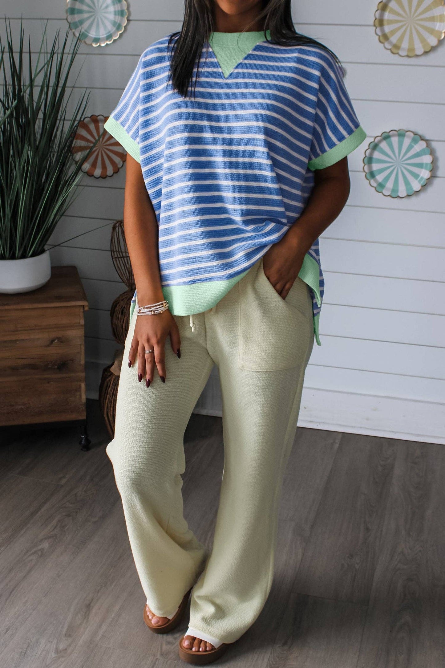 Sky Blue Stripe Contrast Trim Loose Short Sleeve Top: Sky Blue Stripe / 55%Regenerated Polyester+40%Cotton+5%Elastane