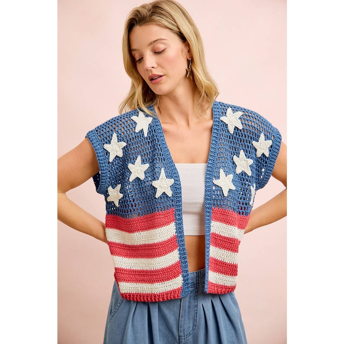 4TH OF JULY AMERICAN FLAG CROCHET SHORT SLEEVE CARDIGAN: AMERICAN FLAG
