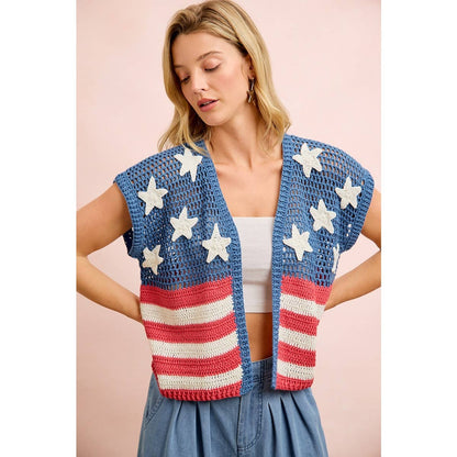 4TH OF JULY AMERICAN FLAG CROCHET SHORT SLEEVE CARDIGAN: AMERICAN FLAG