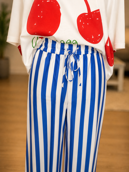 Multi Color Boho Beach Vertical Stripe Lace-Up Pants: Blue