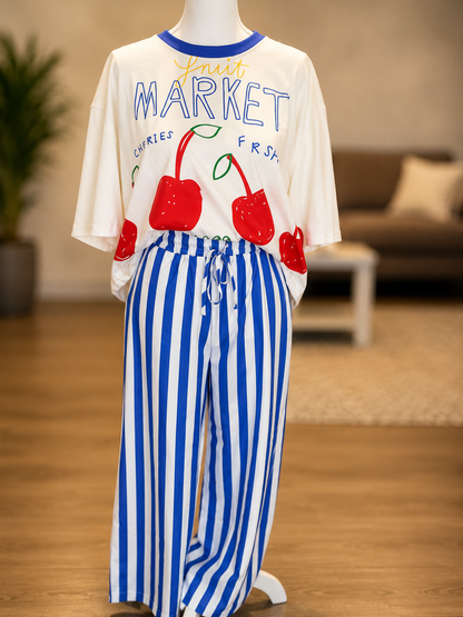 Multi Color Boho Beach Vertical Stripe Lace-Up Pants: Blue