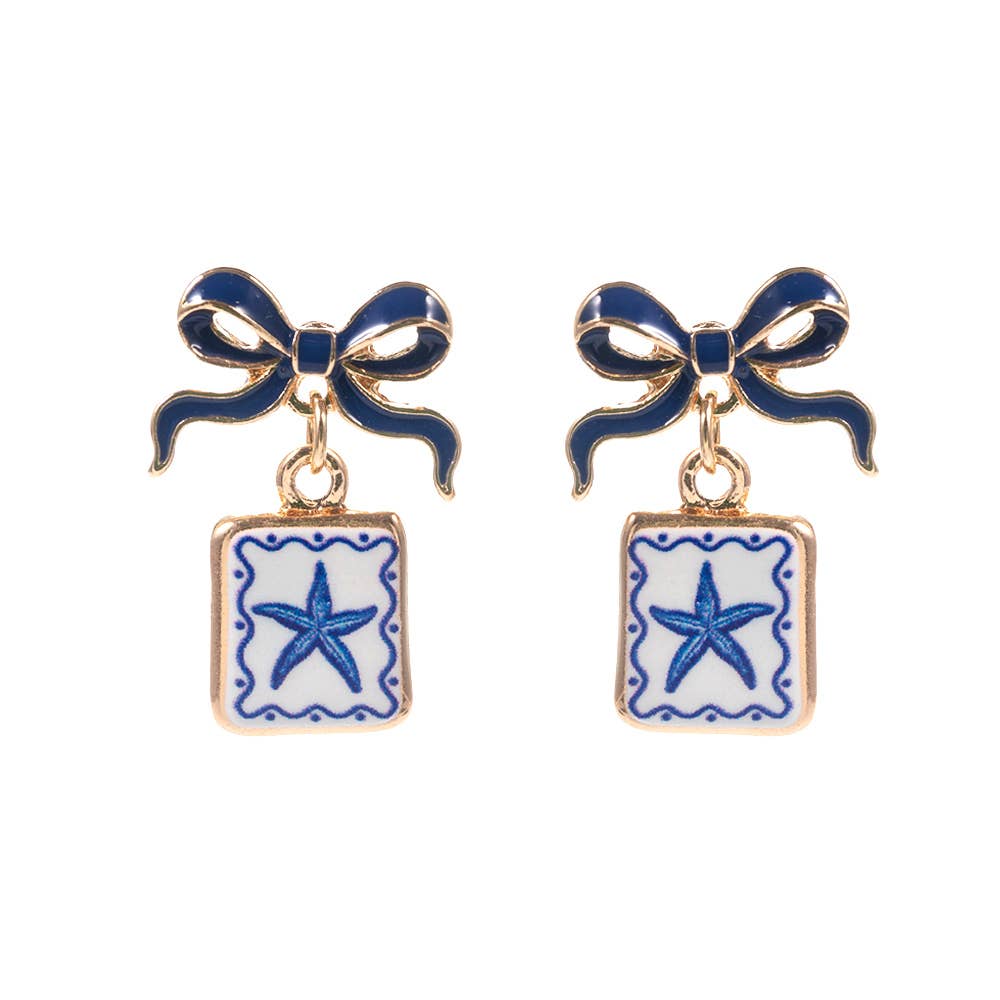 Bow Shell Print Square Frame Drop Earrings: Navy