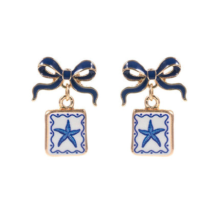 Bow Shell Print Square Frame Drop Earrings: Navy