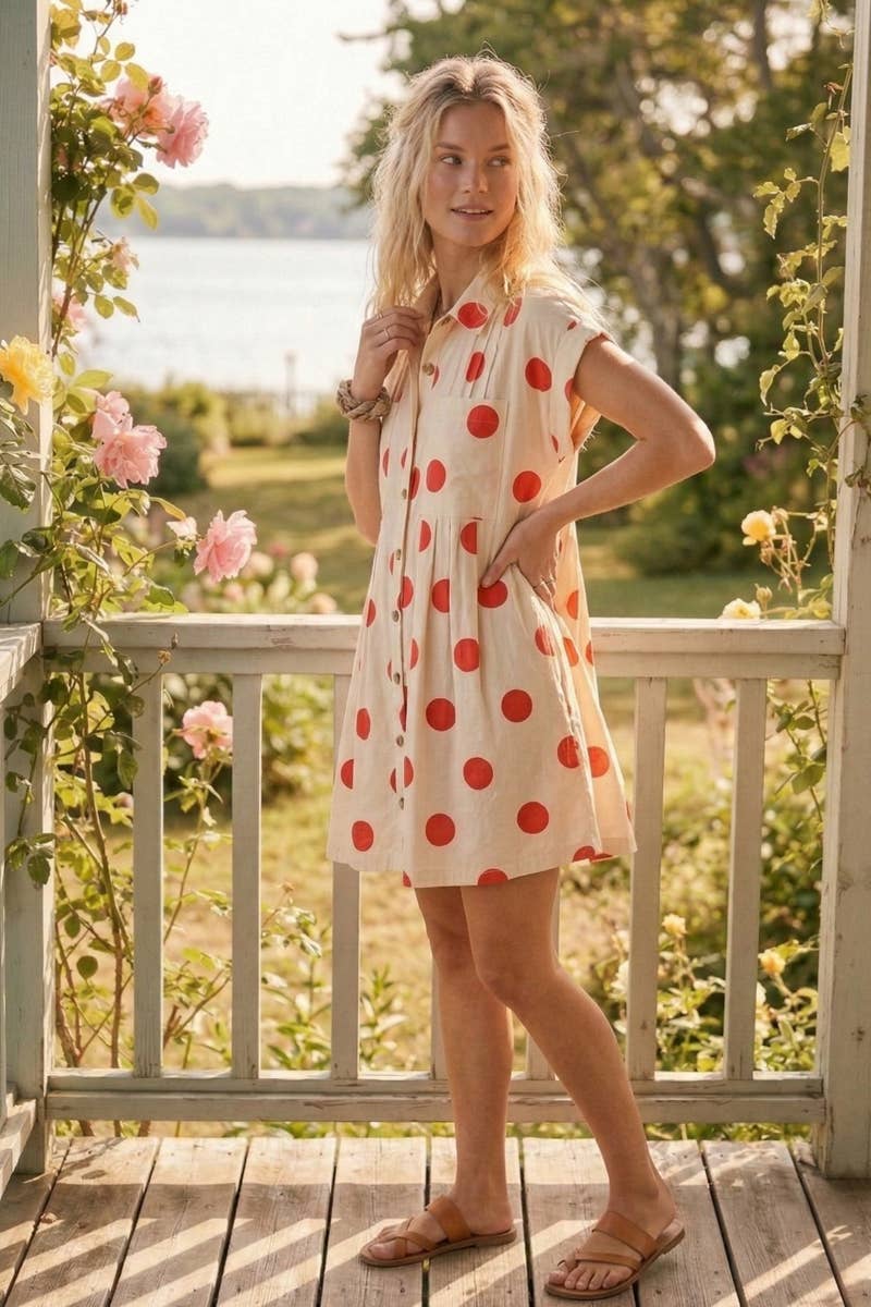 Polka Dot Button Down Pleated Poplin Mini Dress: CREAM/RED