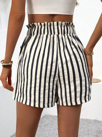 High-Waisted Drawstring Striped Shorts: WHITE
