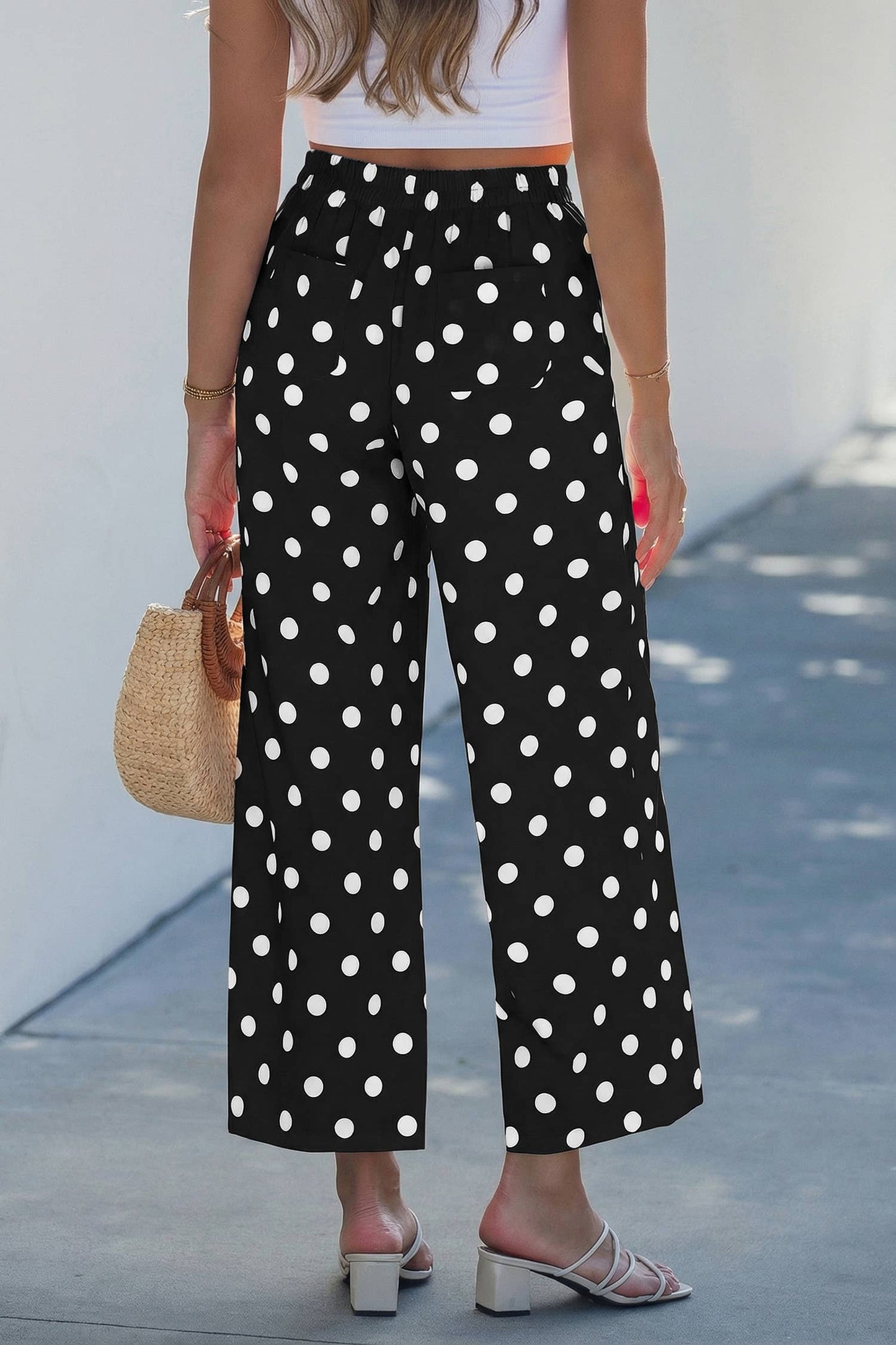 Polka Dot Print Patched Pocket Loose Pants: White