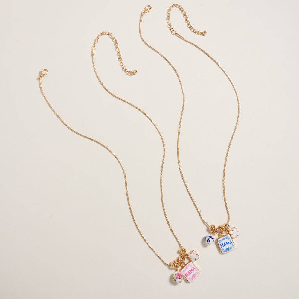 Mama Floral Bead Enamel Charm Pendant Necklace: Pink / ONE