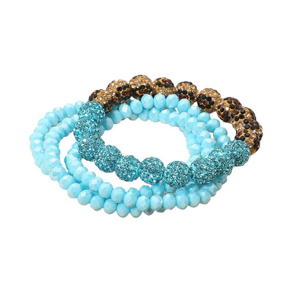 4PCS - Shamballa Ball Faceted Beaded Stretch Multi Layered Bracelets: Turquoise