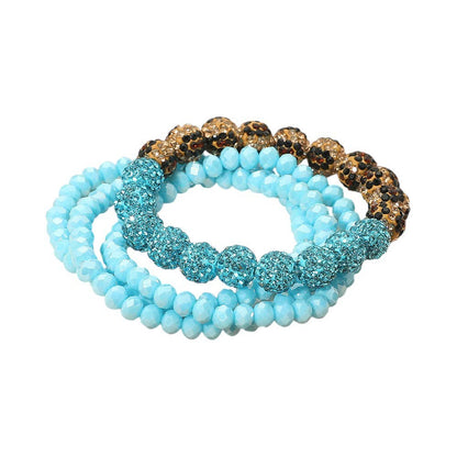 4PCS - Shamballa Ball Faceted Beaded Stretch Multi Layered Bracelets: Turquoise