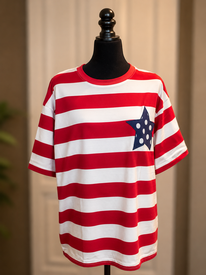 4th of July Stripe Star Patch Top: RED