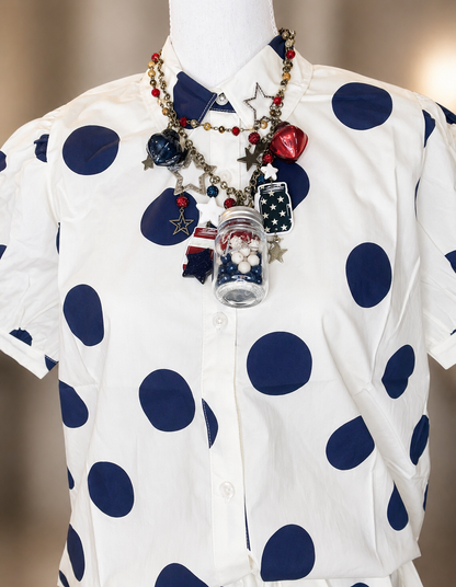 Wide Polka Dot Ruffle Hem Detailed Oversized Shirt: CREAM/NAVY / 2-2-2(S-M-L)