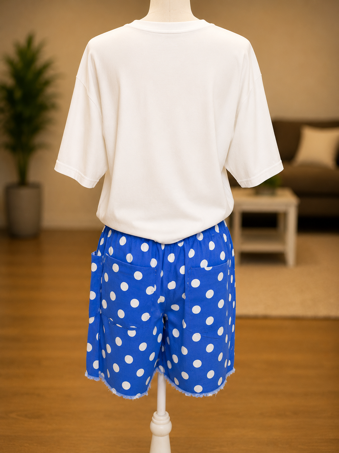 Polka-dot Drawstring Shorts: White Azure Blue