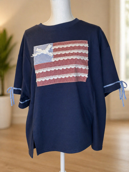 Patriotic Ribbon Patch Sweatshirt – Cute Lace Flag Top: NAVY / S