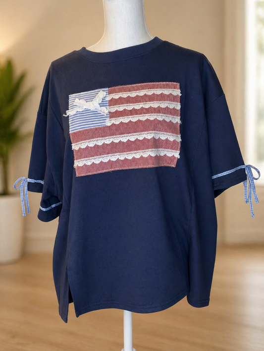 Patriotic Ribbon Patch Sweatshirt – Cute Lace Flag Top: NAVY / S