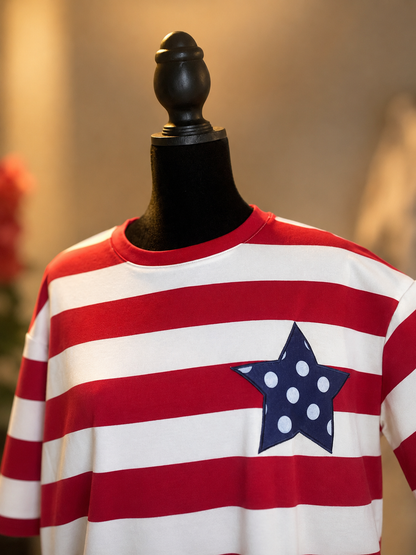 4th of July Stripe Star Patch Top: RED