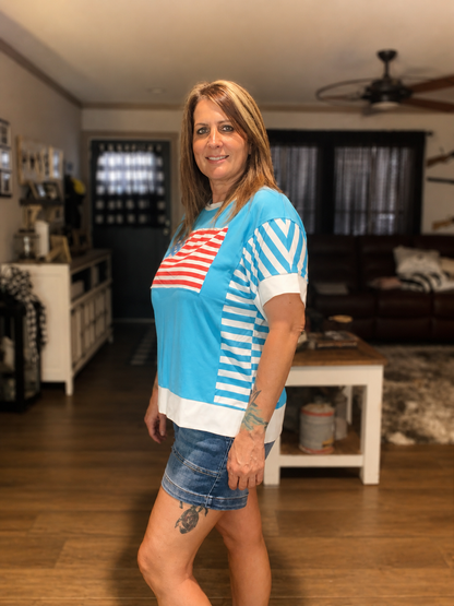 LDC Flag Print Patchwork Colorblock July 4th T Shirt: Light Blue / M