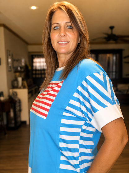 LDC Flag Print Patchwork Colorblock July 4th T Shirt: Light Blue / M