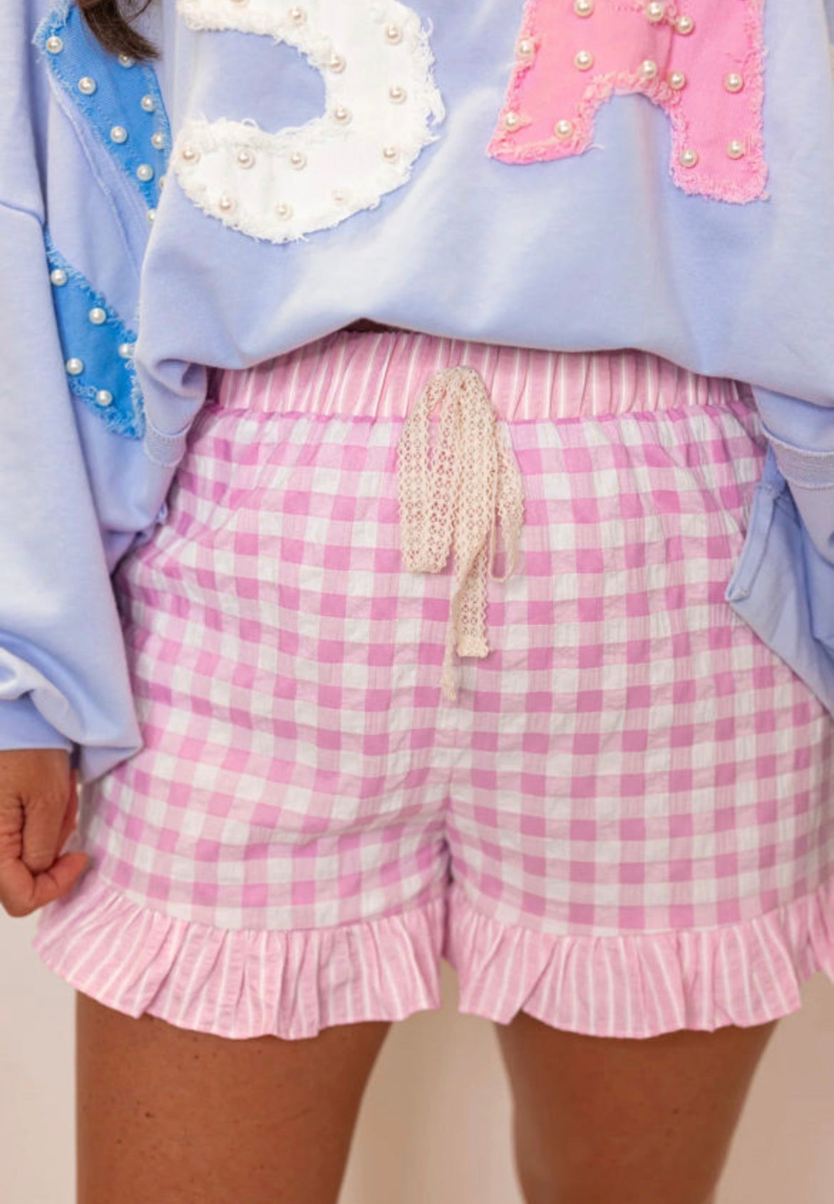 Pink Gingham Print Ruffle Stripped Detail Lace Tie Shorts