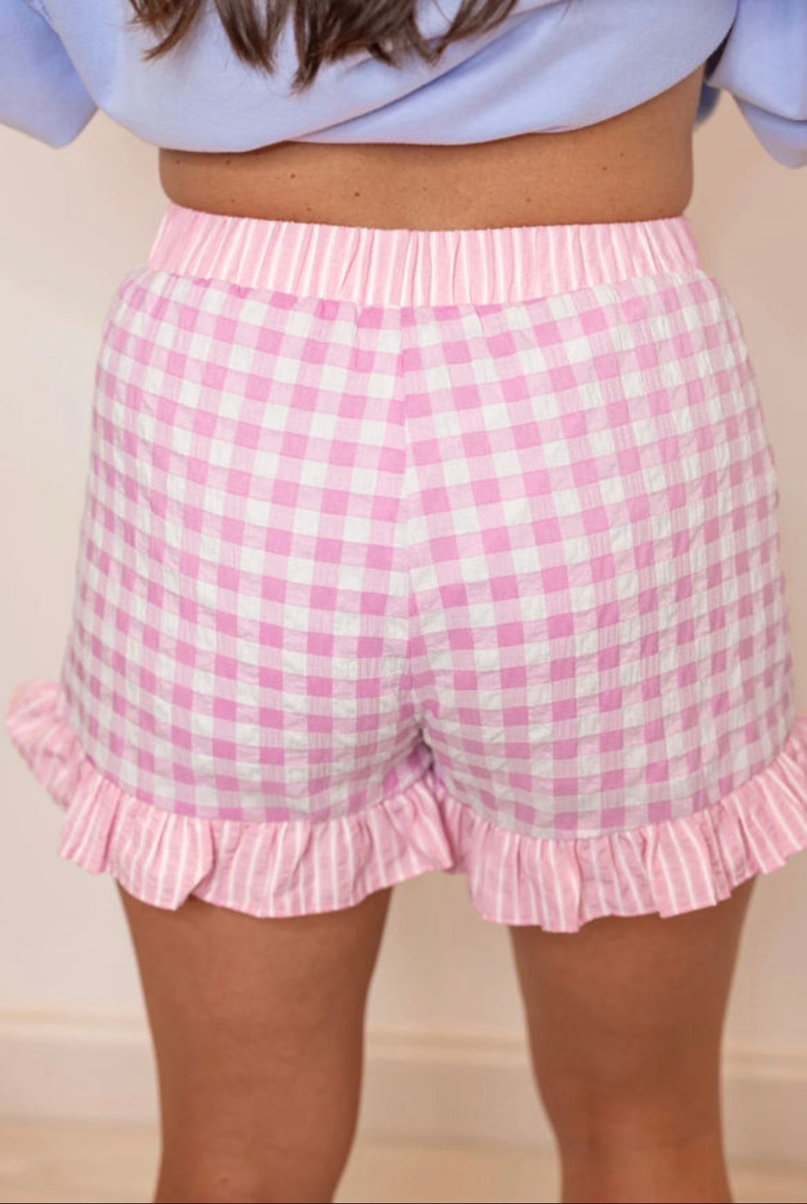 Pink Gingham Print Ruffle Stripped Detail Lace Tie Shorts