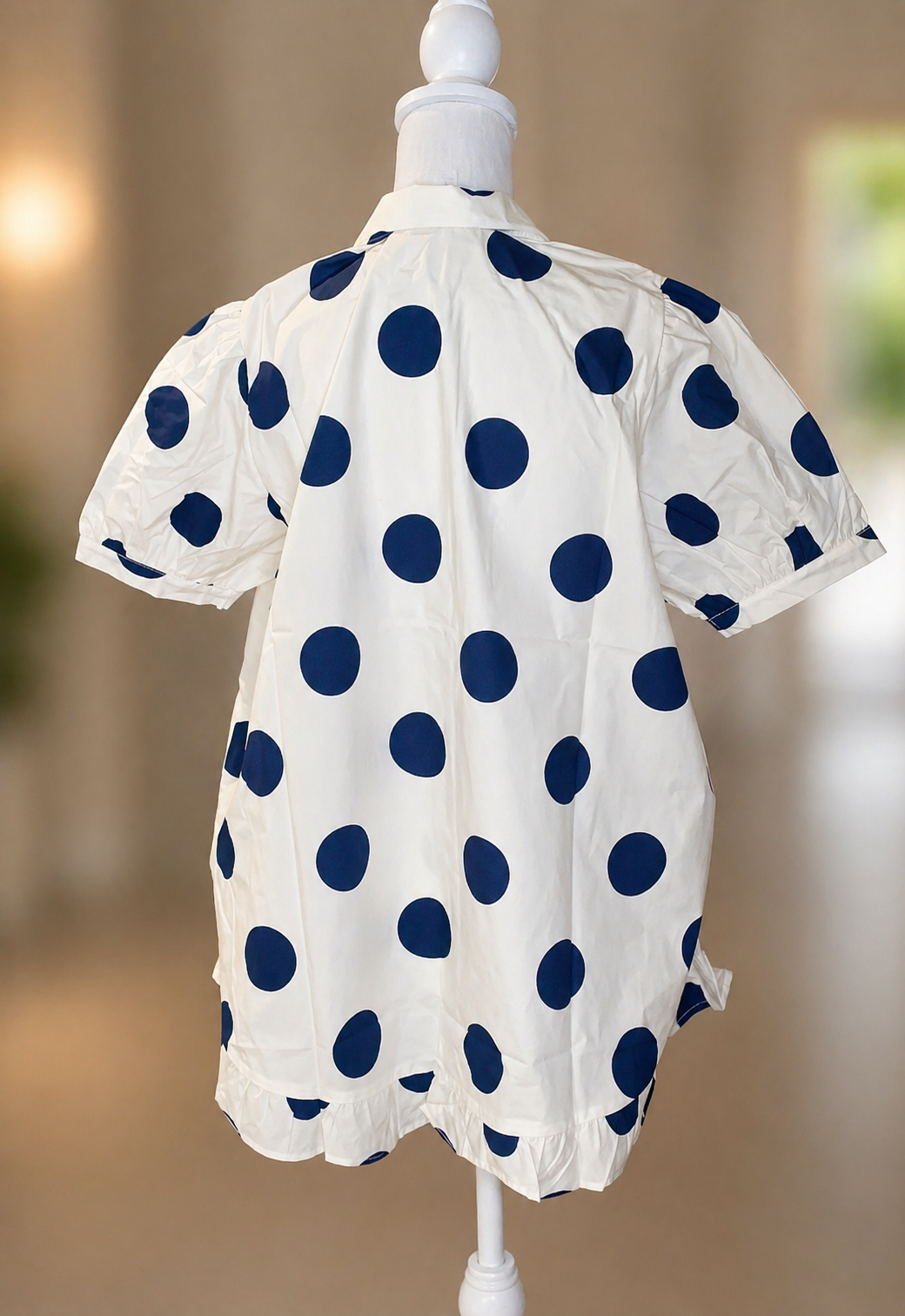 Wide Polka Dot Ruffle Hem Detailed Oversized Shirt: CREAM/NAVY / 2-2-2(S-M-L)
