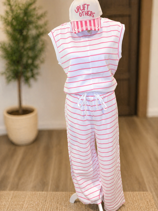 Casual Style Striped Short Sleeve Two-Piece Set | S-XL: Pink / Missy