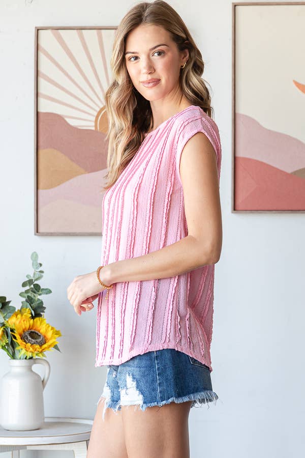 Lightweight Stripe Textured Cap Sleeves Blouse T5948: Pink