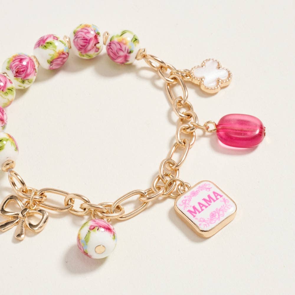 7.25 Inch Ceramic Floral Bead Mama Charm Bracelet: Blue / ONE