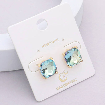 Cushion Square Stone Stud Evening Earrings: AQ-AB