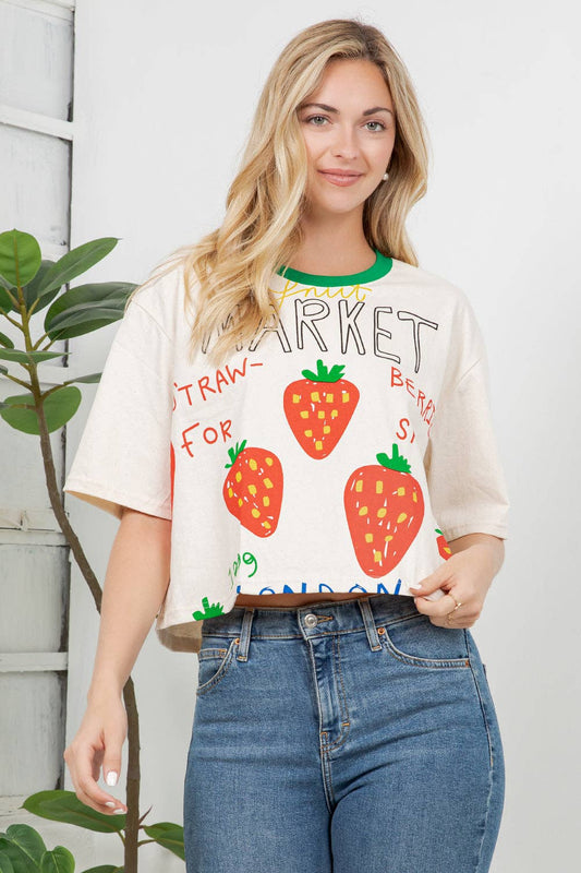 Strawberry Print Cotton Crop Top: