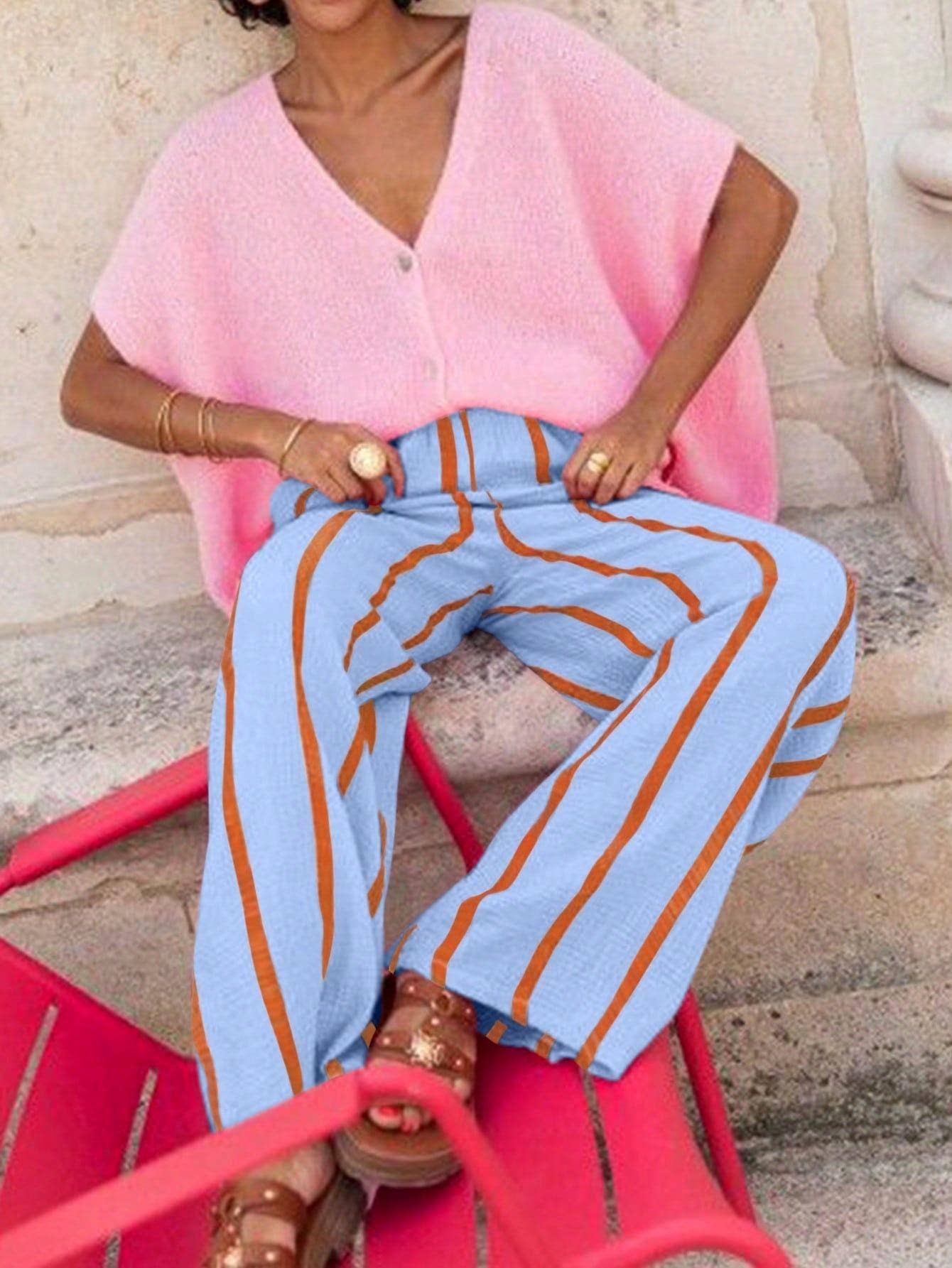 Vacation Texture Color Block Striped Wide Leg Pants: Pink