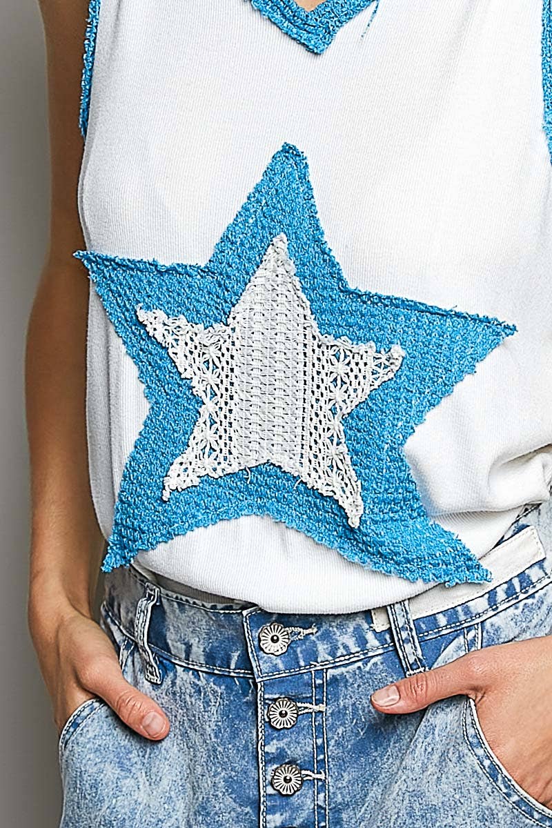 V-neck Sleeveless Color Block Front Crochet Star Solid Top: OFF WHITE/PACIFIC BLUE /