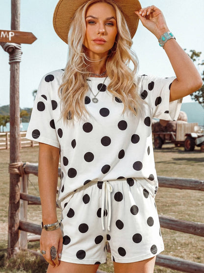 Summer 2026 Polka Dot Print Tee Drawstring Elastic Short Set: Black