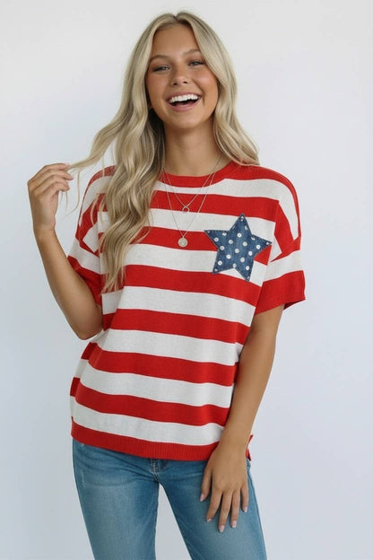 4th of July Stripe Star Patch Top: RED