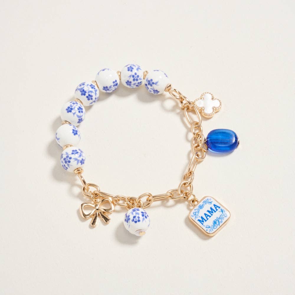 7.25 Inch Ceramic Floral Bead Mama Charm Bracelet: Blue / ONE