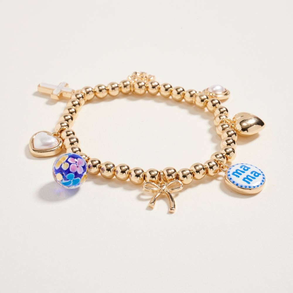 7.25 In Metallic Bead Mama Charm Stretch Bracelet: Blue / ONE