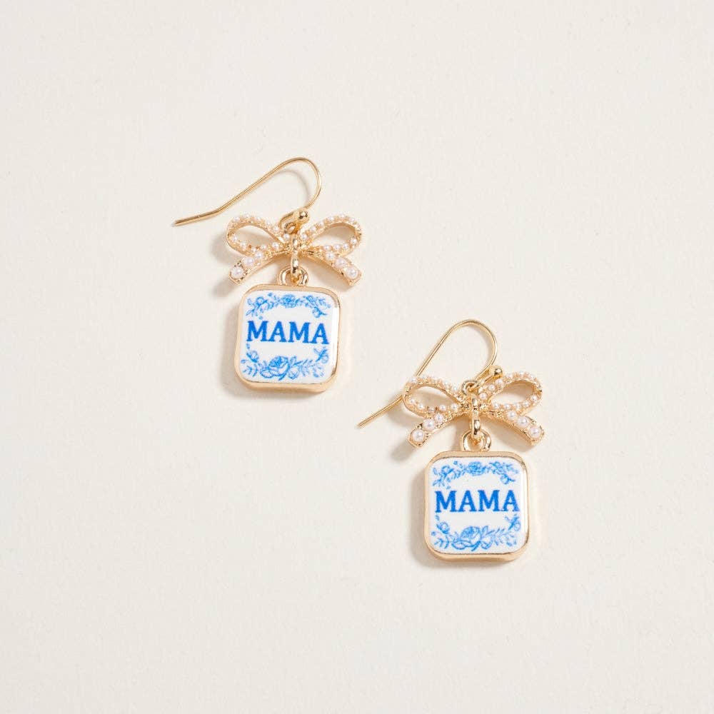1.25 Inch Mama Enamel Charm Pearl Ribbon Earrings: Blue / ONE