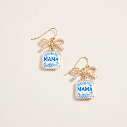 1.25 Inch Mama Enamel Charm Pearl Ribbon Earrings: Blue / ONE
