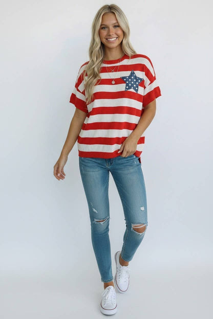 4th of July Stripe Star Patch Top: RED