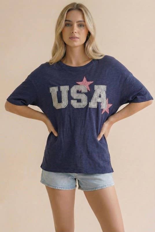 Short Sleeve Oversized Star and Usa Patchwork: Navy
