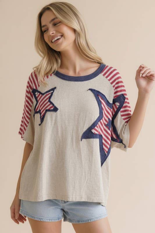 Plus Oversized Star Patch Stripe Color Block Top: Oatmeal/Red/Navy /
