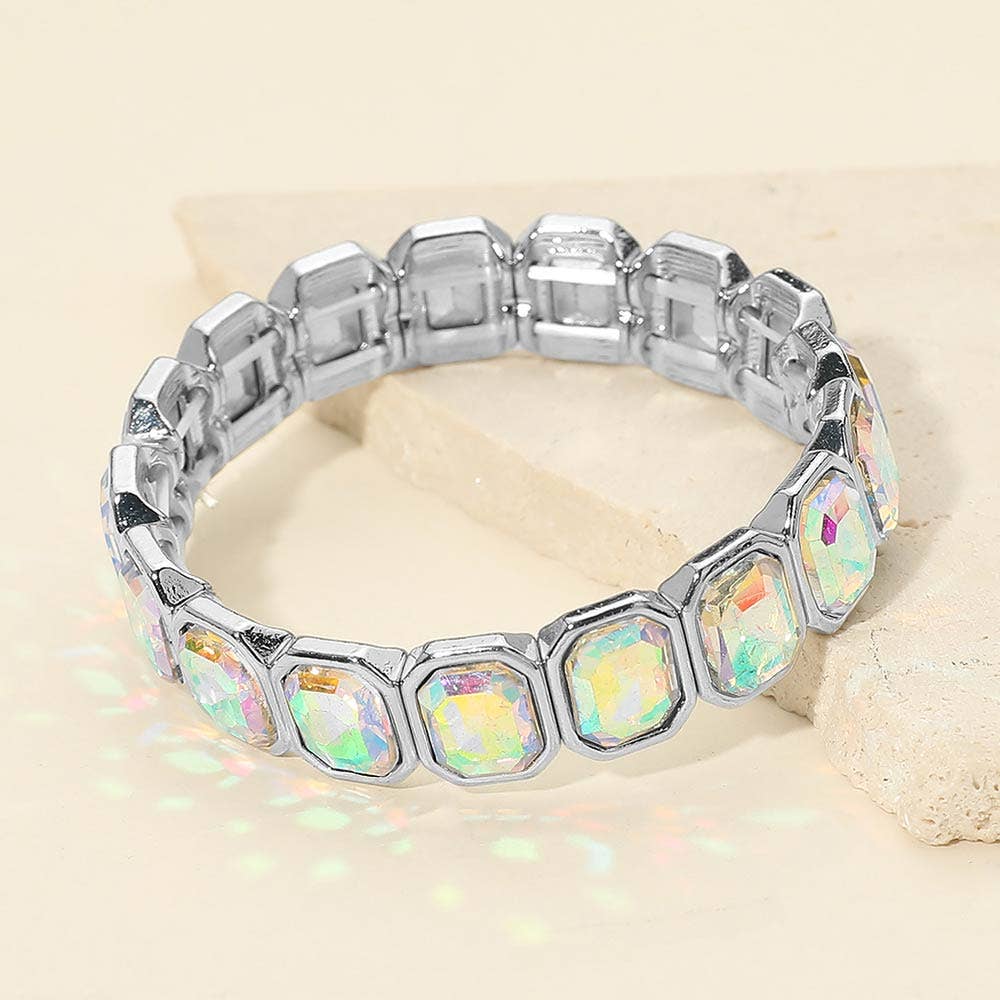 Rectangular Stone Frame Beaded Stretch Bracelet: Clear,Rhodium