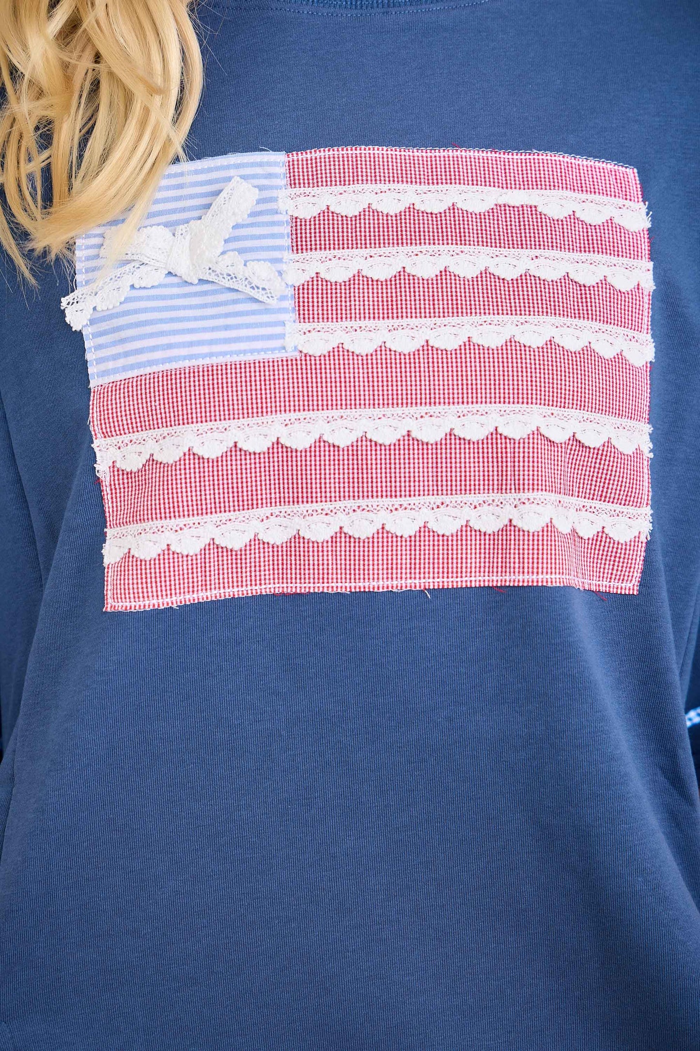 Patriotic Ribbon Patch Sweatshirt – Cute Lace Flag Top: NAVY / S