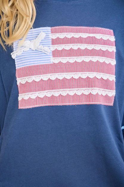 Patriotic Ribbon Patch Sweatshirt – Cute Lace Flag Top: NAVY / S